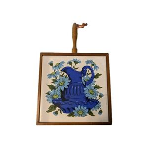 Vintage Blue Pitcher & Daisies Tile Trivet Wood Frame Wall Hanging Hot Pad Retro